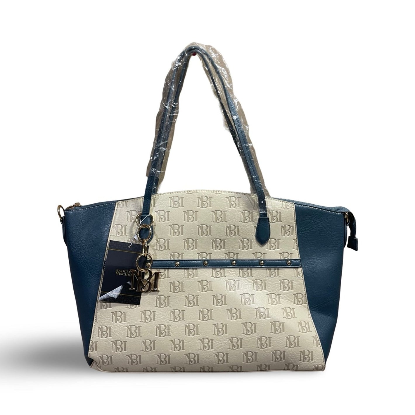 BADGLEY MISCHKA Caroline Women's Tote Weekender Travel Bag- CHAMPAGNE- NAVY